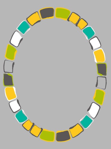 Dywan WZÓR OGNISKO - katalogowy obraz, owalny układ wzoru ułożony z nieregularnych kostek jakoby pomalowanych farbami, z jednolitym szarym środkiem