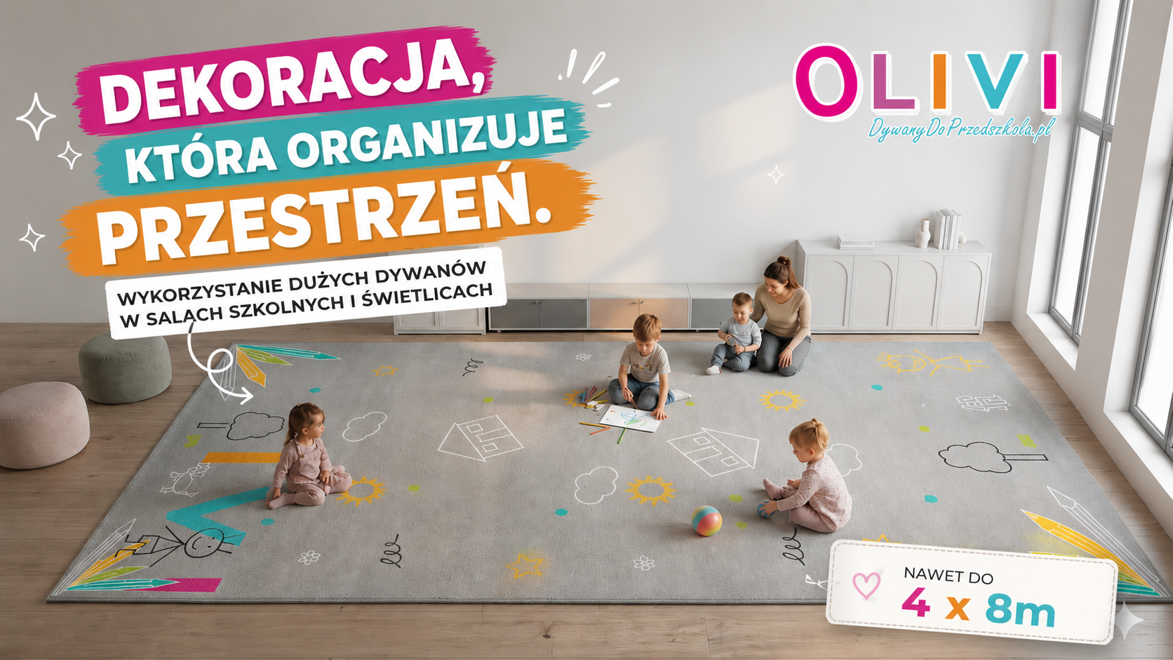 Dekoracja, która organizuje przestrzeń. Wykorzystanie dużych dywanów w salach szkolnych i świetlicach